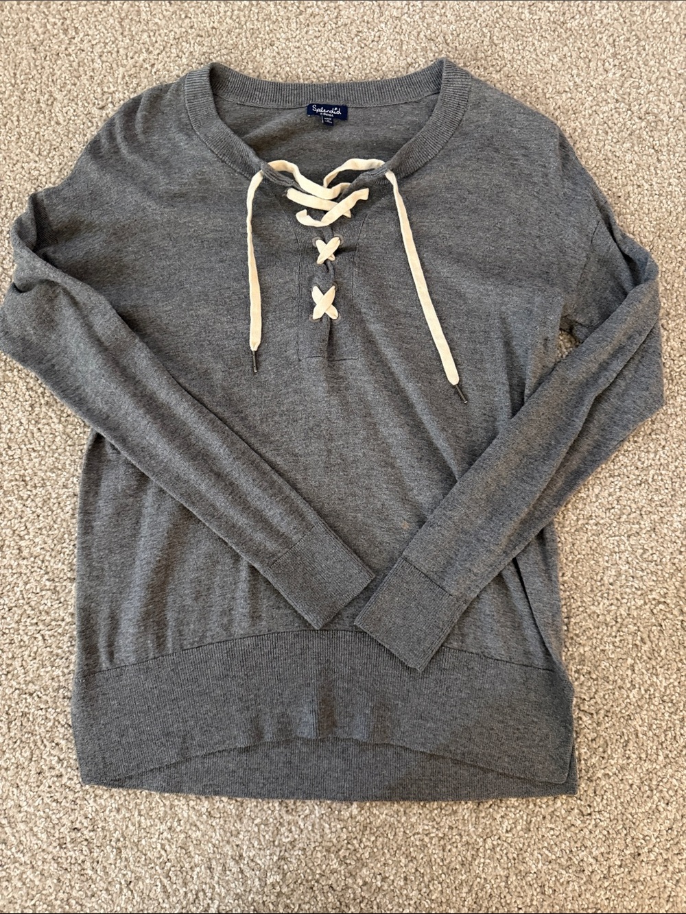 Splendid Gray Lace-Up Knit Pullover with Cream Drawcords